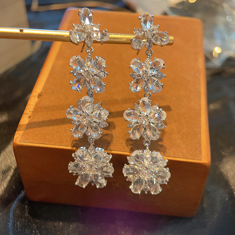 Gradient Flower Drop Earrings – Ombre Zirconia Long Earrings with