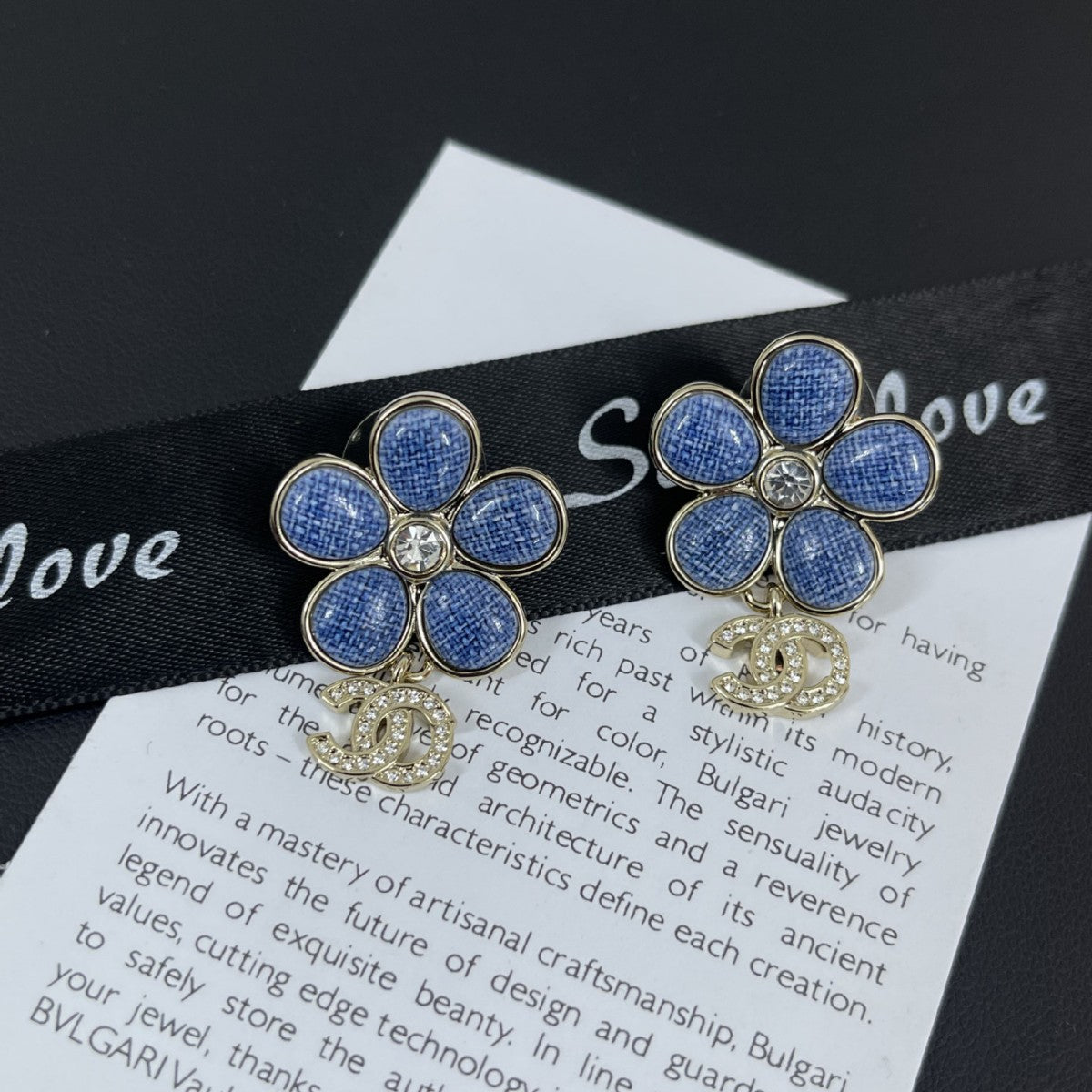 Blue Flower Double‑C Earrings – Cubic Zirconia Blossom with Interlocking C Detail