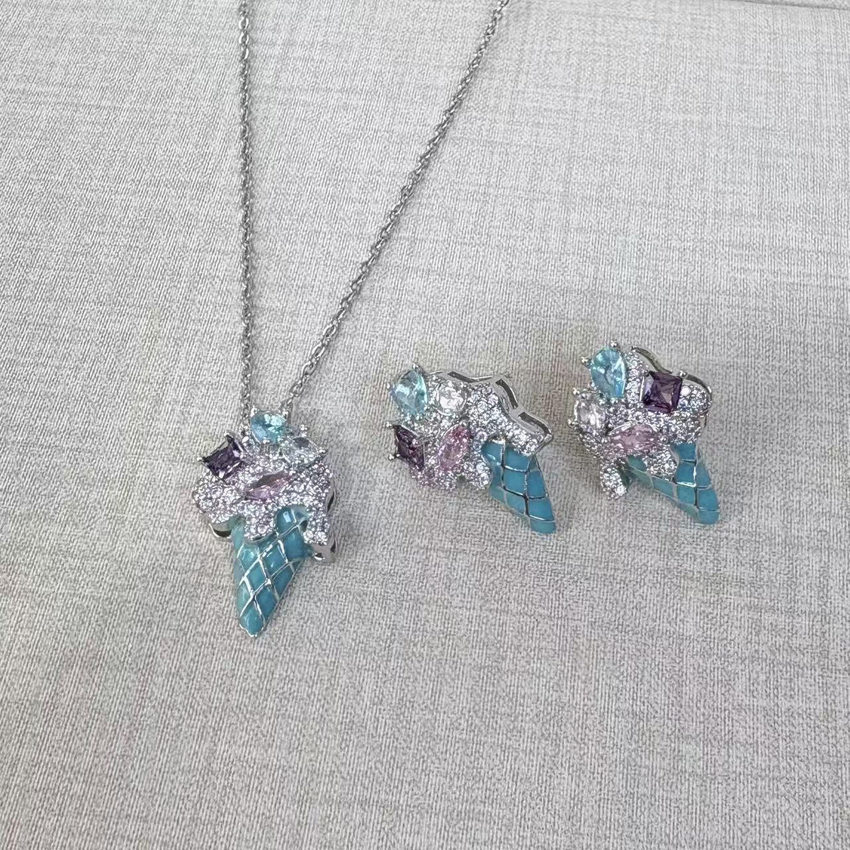 Sweet colored dripping oil zircon ice cream necklace female Japanese and Korean niche cute cone earrings neck chain collarbone chain tide
