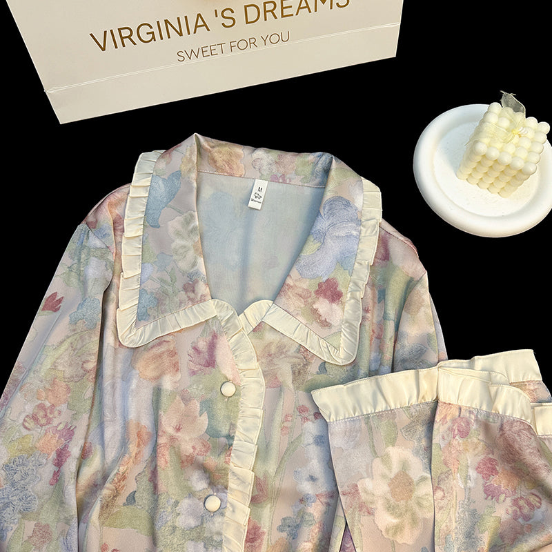 Blossom Print Cardigan Pajama Set – Built-in Bra Pads, Long Sleeve + Long Pants