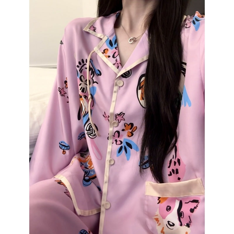 Cooling Ice Silk Pajama Set for Spring/Fall – Oversized Long Sleeve Sleepwear with Colorful Pattern