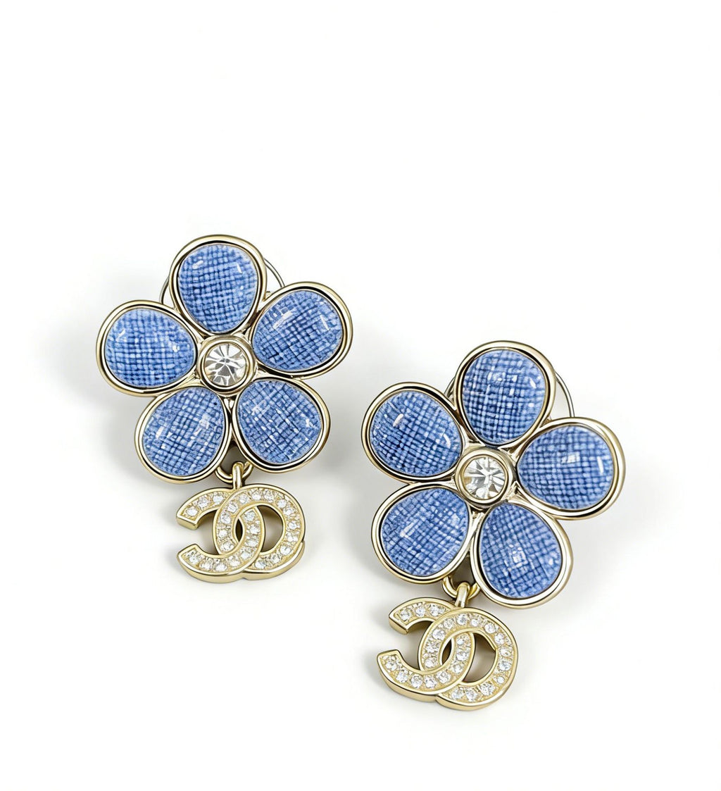 Blue Flower Double‑C Earrings – Cubic Zirconia Blossom with Interlocking C Detail