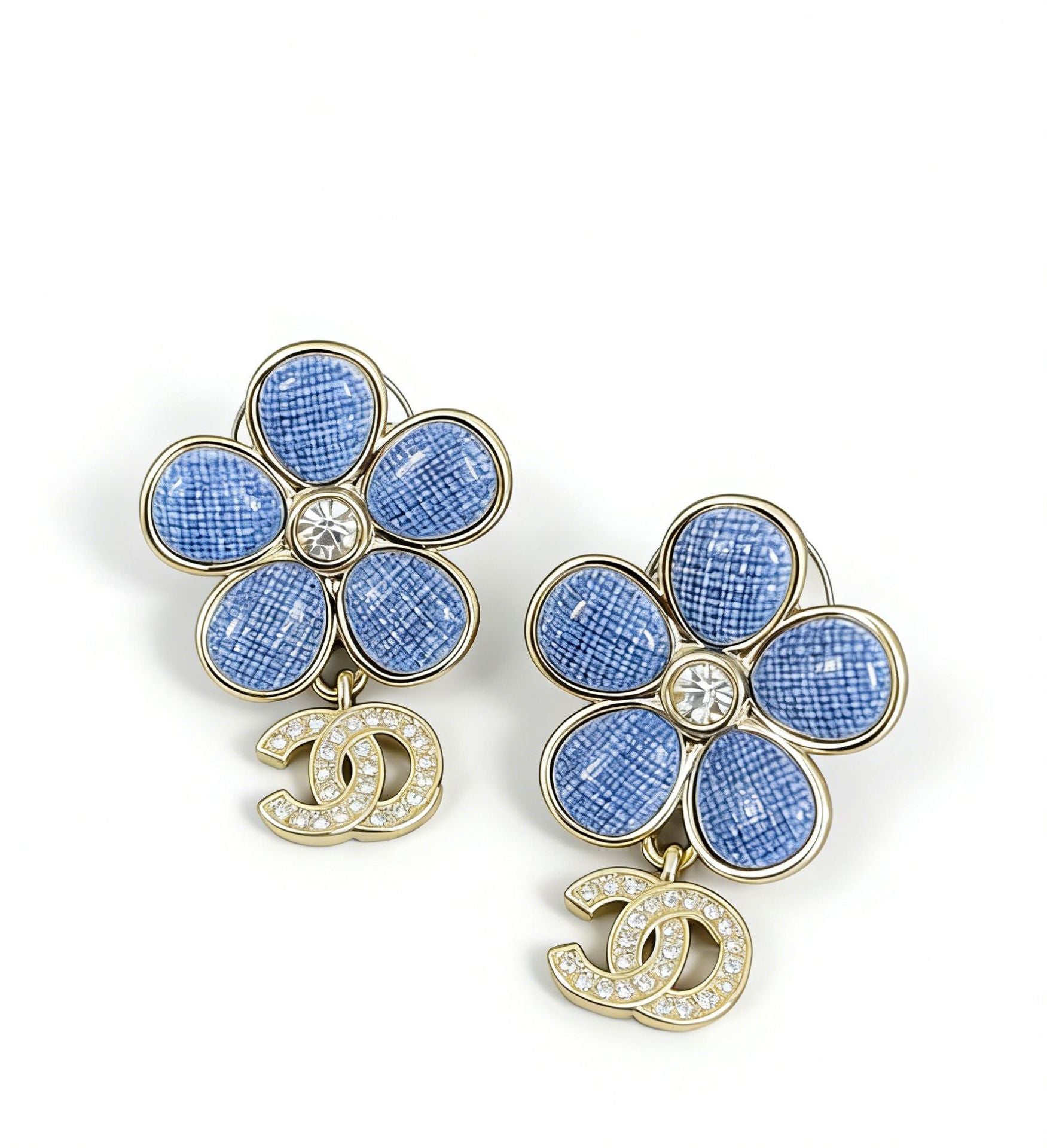 Blue Flower Double‑C Earrings – Cubic Zirconia Blossom with Interlocking C Detail
