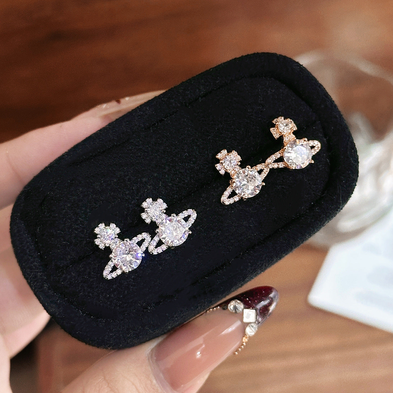 Micro Pavé Planet Earrings – Champagne or White Gold, 925 Silver Posts