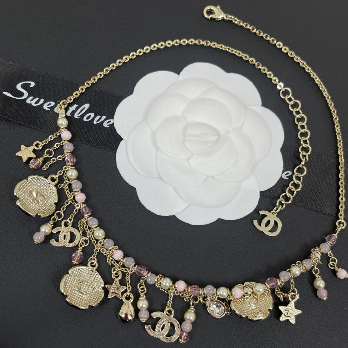 Camellia Tassel Necklace – Pearl & Flower Long Pendant in Pink or Black