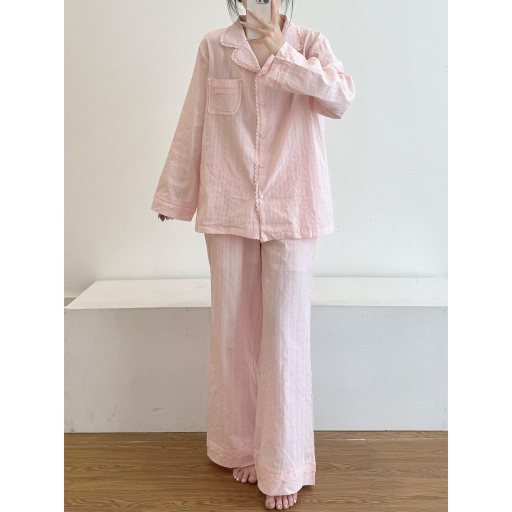 Spring Floral Lace Pajama Set – Lightweight Cotton Loungewear in Blue, White & Pink
