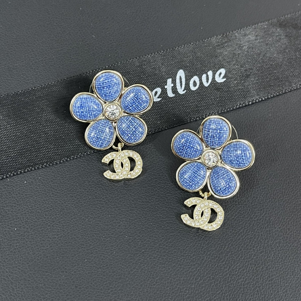 Blue Flower Double‑C Earrings – Cubic Zirconia Blossom with Interlocking C Detail
