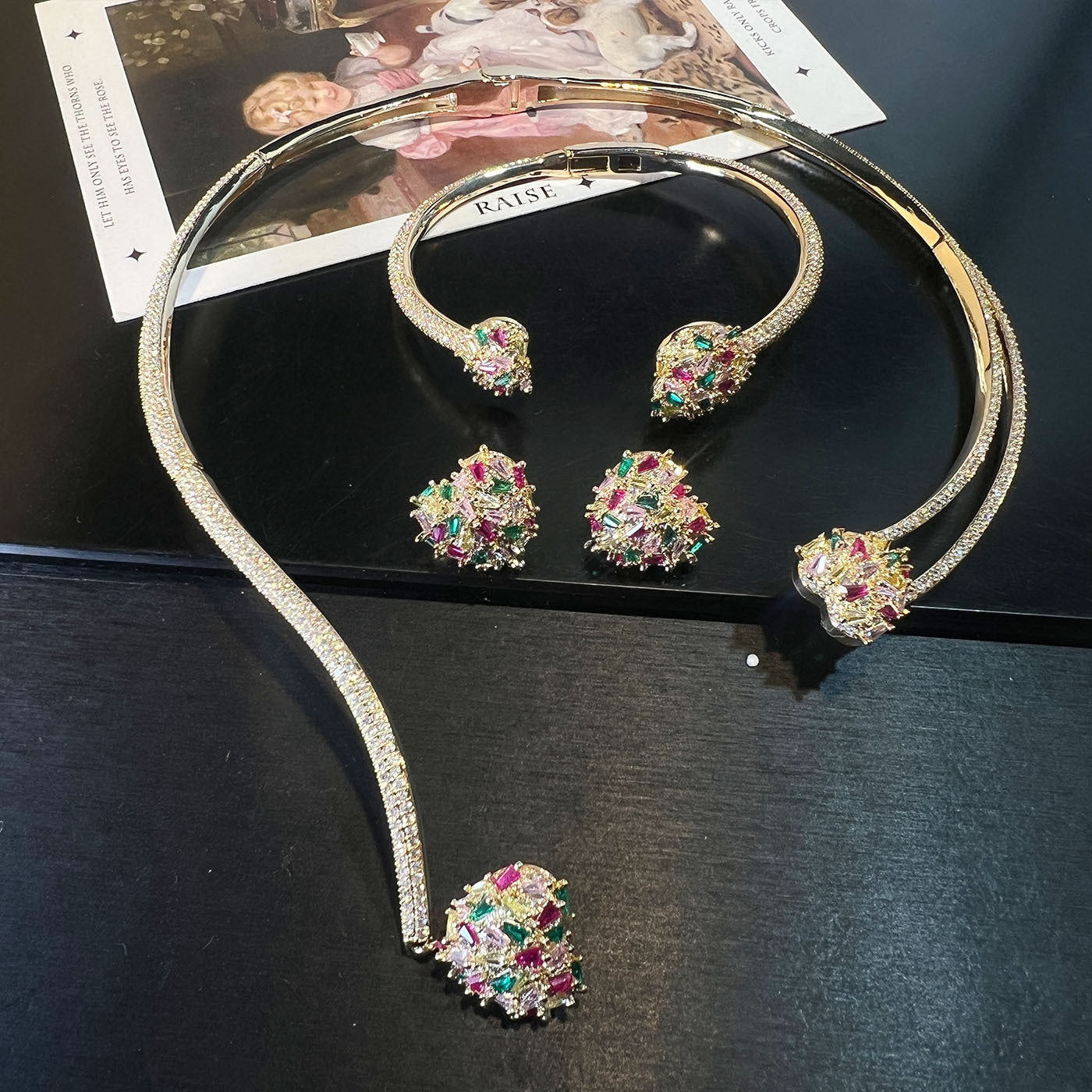 Heart Pavé Set – Earrings, Bangle & Choker in Red, Gold or Multicolor