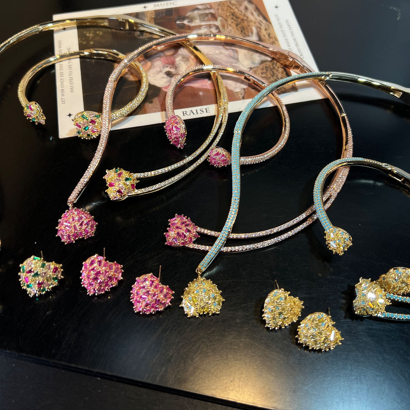 Heart Pavé Set – Earrings, Bangle & Choker in Red, Gold or Multicolor