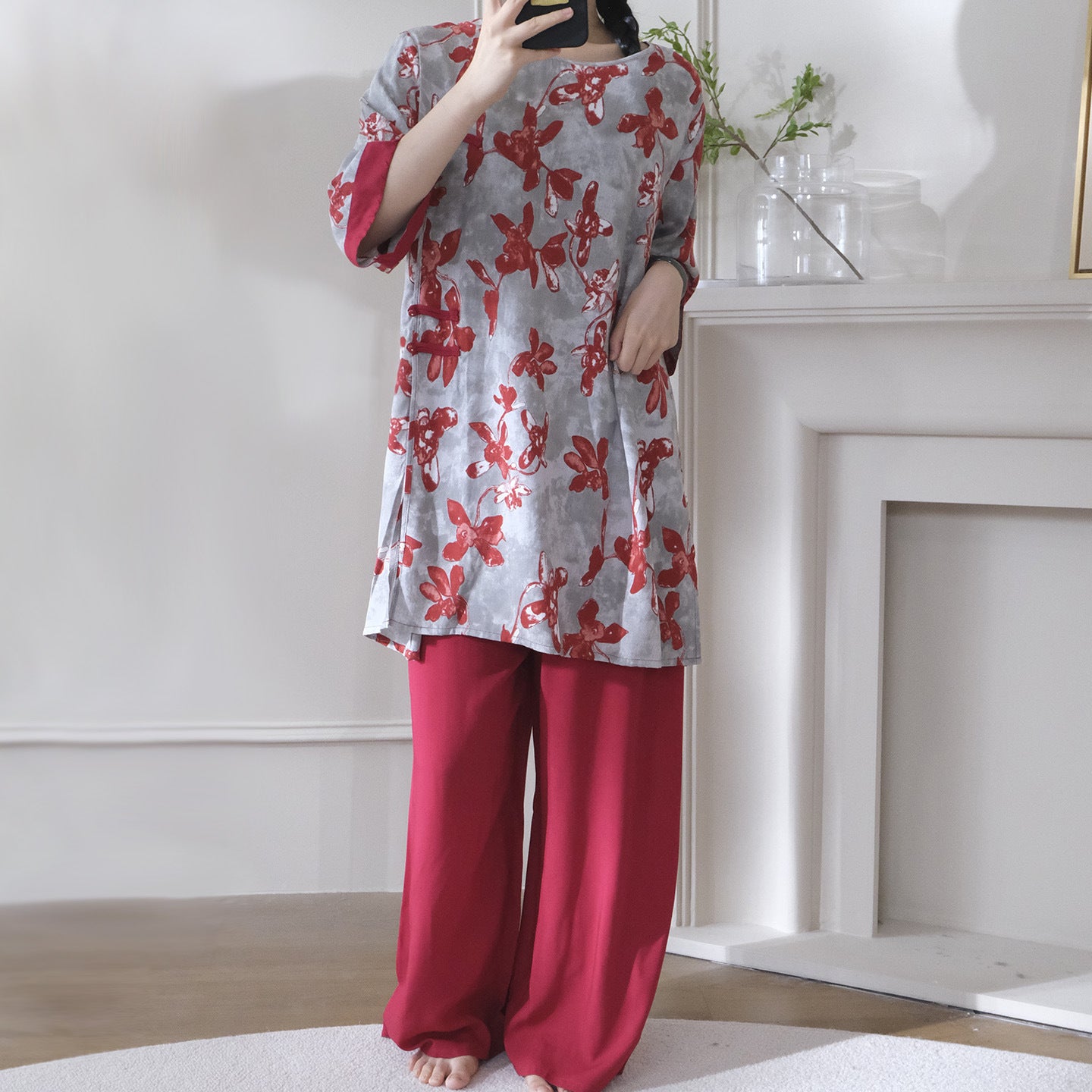 Flowy Wide-Leg Loungewear – Vintage Oriental Print, One Size Fits Most
