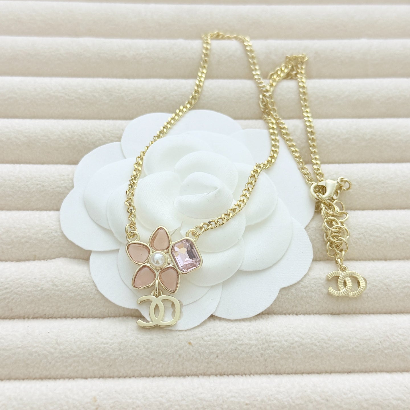 Cherry Blossom Square Diamond Earrings – CC Logo Studs in Gold Tone