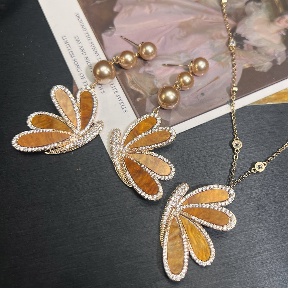 French Butterfly Mother‑of‑Pearl Set – Micro Pavé Earrings & Necklace