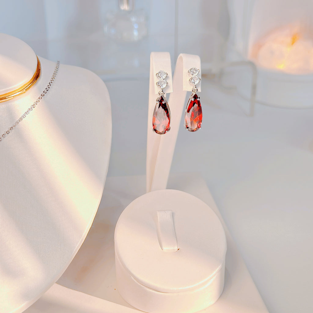Red Teardrop Necklace - Minimalist Waterdrop Pendant with Sparkling Ruby Stones | Dainty Everyday Jewelry