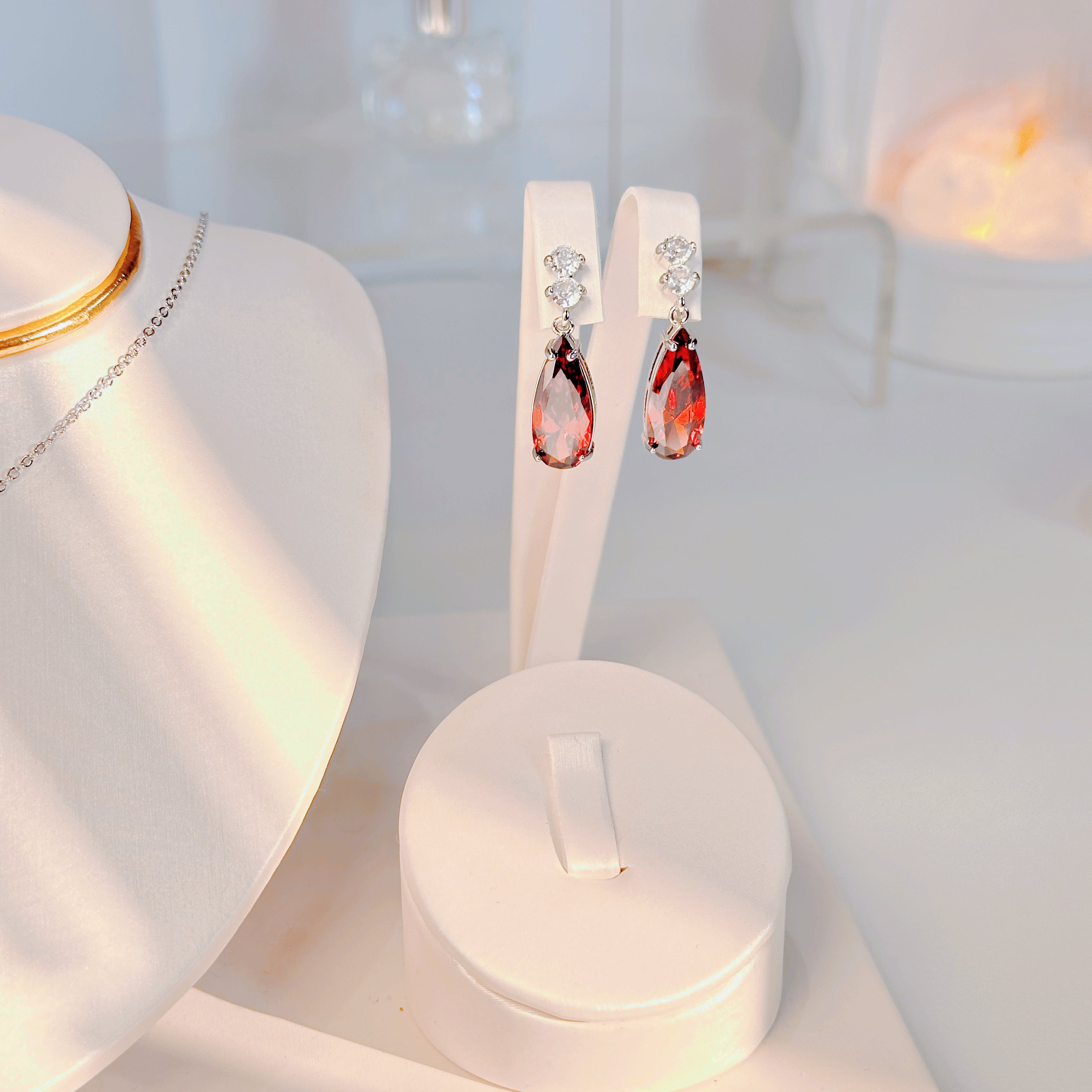 Red Teardrop Necklace - Minimalist Waterdrop Pendant with Sparkling Ruby Stones | Dainty Everyday Jewelry