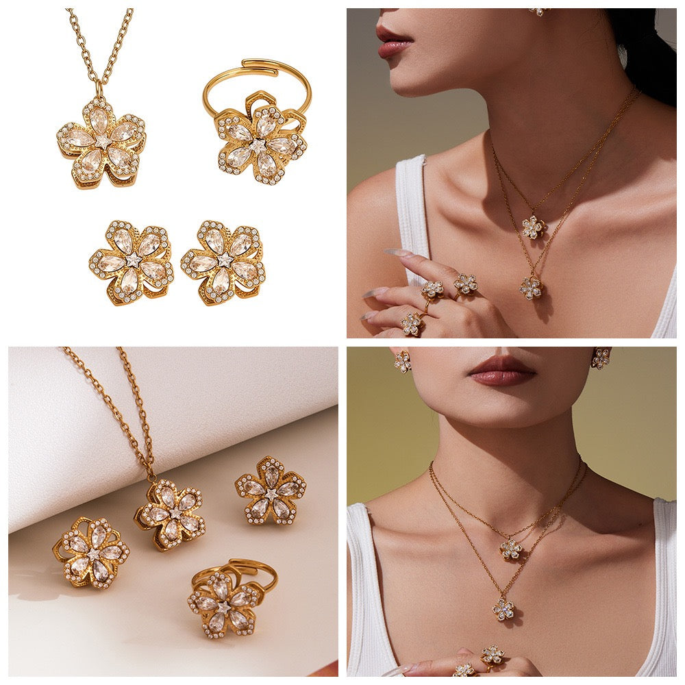 The Rotating Bloom Trio - Kinetic Five-Petal Flower Set in Stainless Steel & Zircon