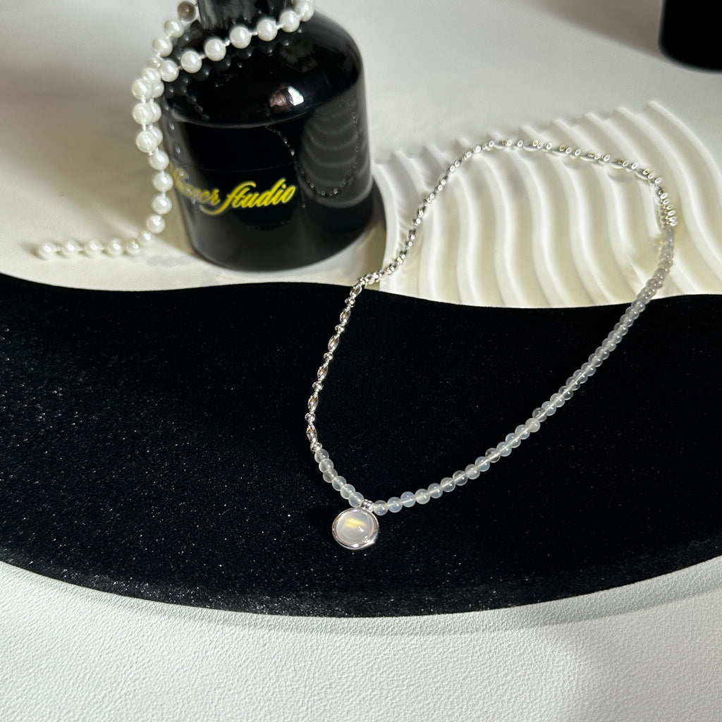 Layered Gray Agate Bead Necklace - 44cm S925 Sterling Silver Chain with Rotating Closure | Minimalist Stacking Jewelry - Pale Luna Jewelry