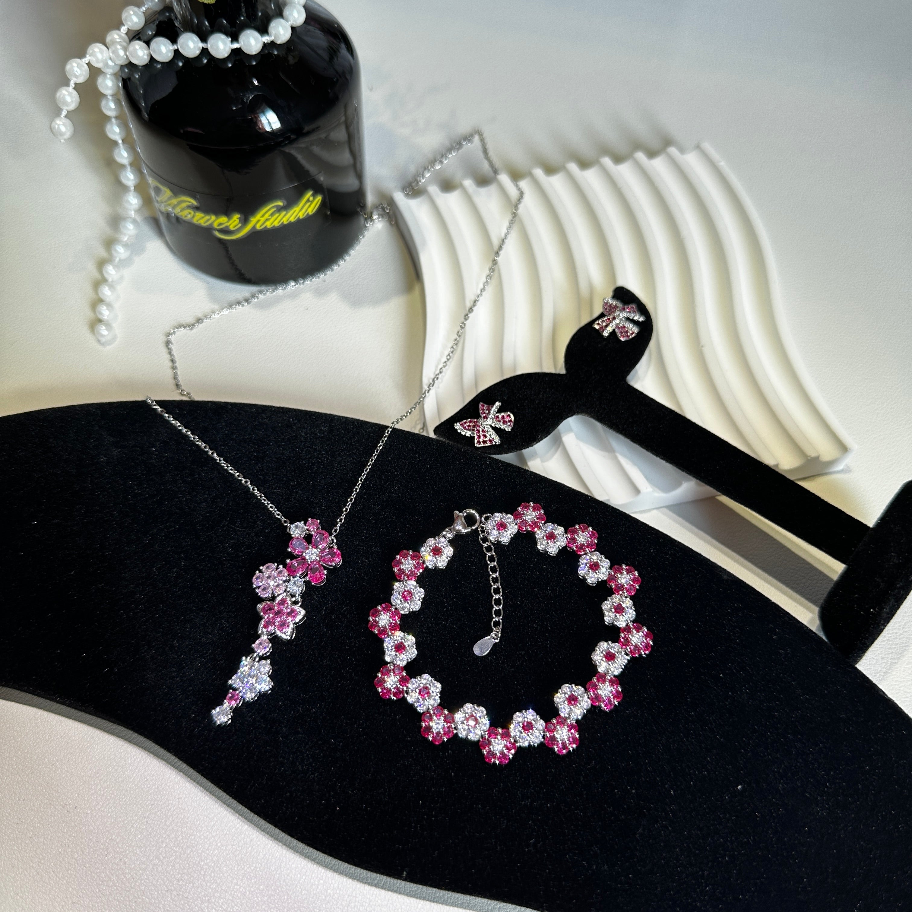 Ruby Red Corundum Jewelry Set - Earrings, Bracelet & Necklace Suite | Floral Design Luxury Women's Jewelry - Pale Luna Jewelry