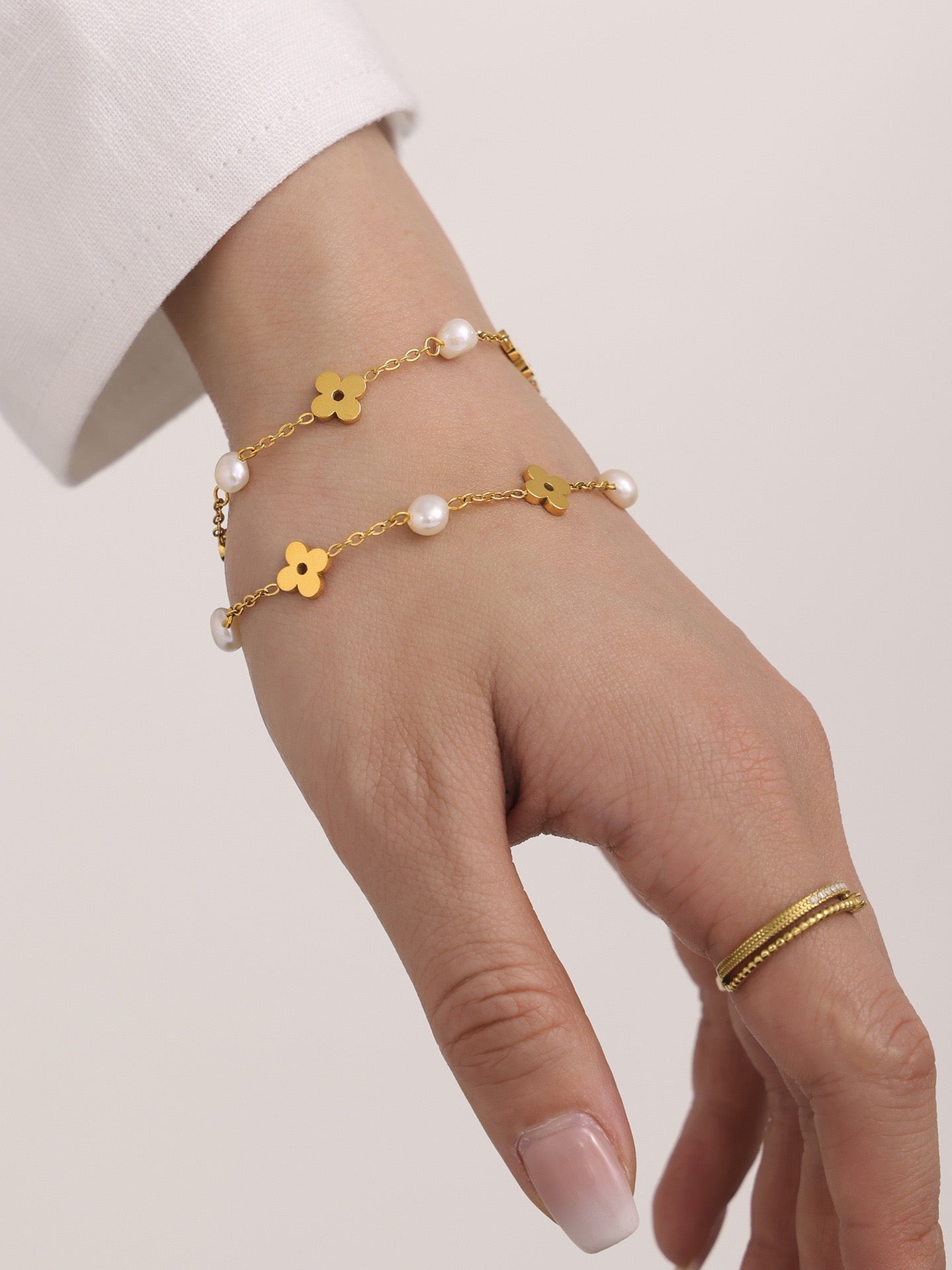 The Pearl Chain Blossom Set - Freshwater Pearl & Floral Link Necklace & Bracelet