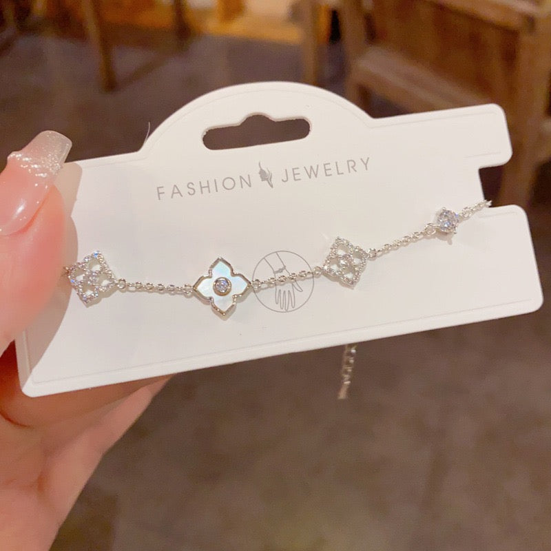 Dainty Flower Charm Bracelet - Sparkling Zirconia Clover - Everyday Lucky Jewelry