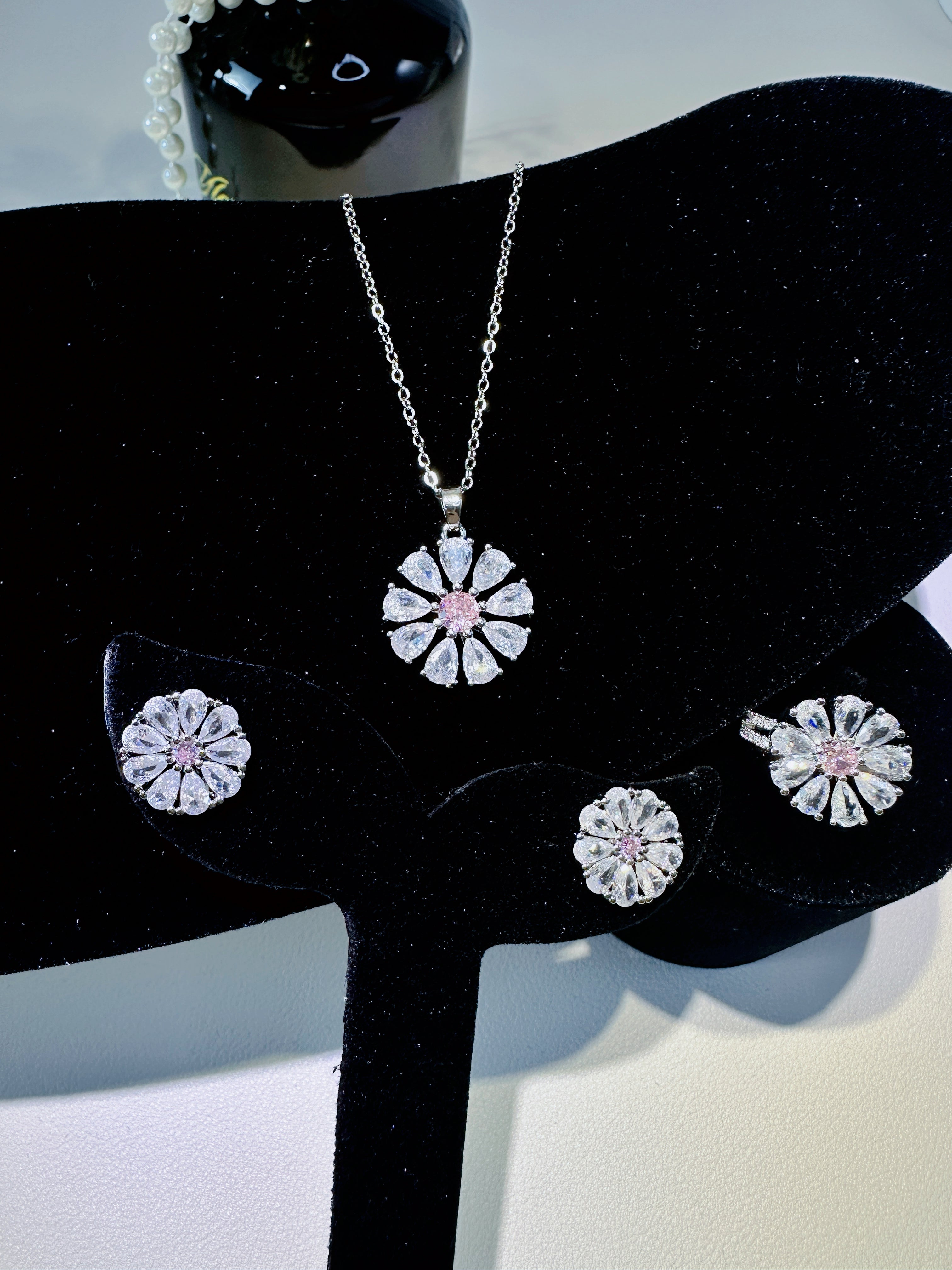 Titanium Steel Sunflower Jewelry Set - Necklace, Stud Earrings & Ring with Zircon | Minimalist Floral Trio - Pale Luna Jewelry