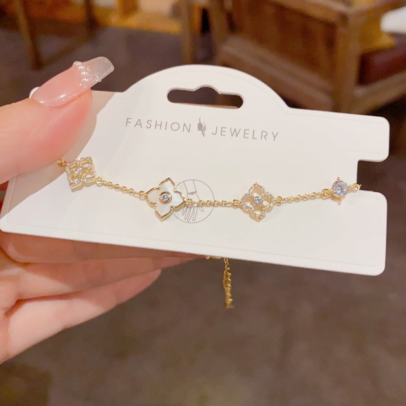 Dainty Flower Charm Bracelet - Sparkling Zirconia Clover - Everyday Lucky Jewelry