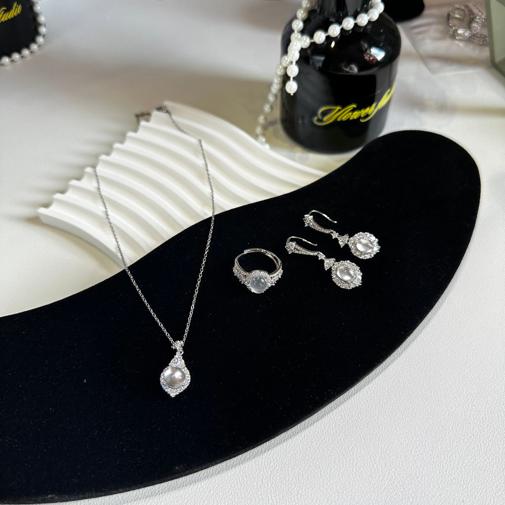 3-Piece Albite Jade Suite - Open Ring, Stud Earrings & Pendant Necklace | Complete Luxury Set - Pale Luna Jewelry