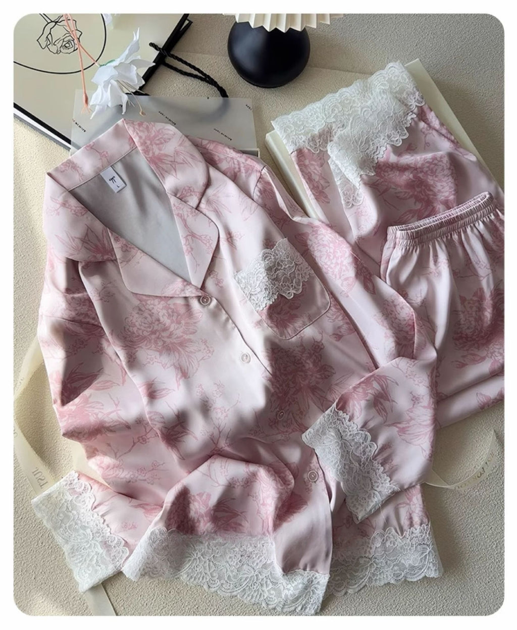 Lace Trim Ice-Silk Pajama Set – Long Sleeve Long Pants, Light Luxury Style
