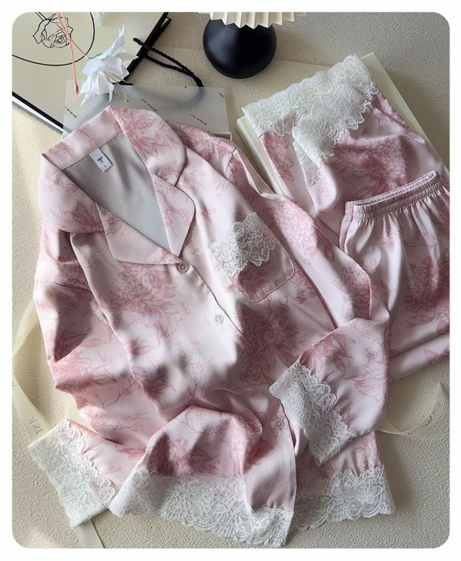 Lace Trim Ice-Silk Pajama Set – Long Sleeve Long Pants, Light Luxury Style