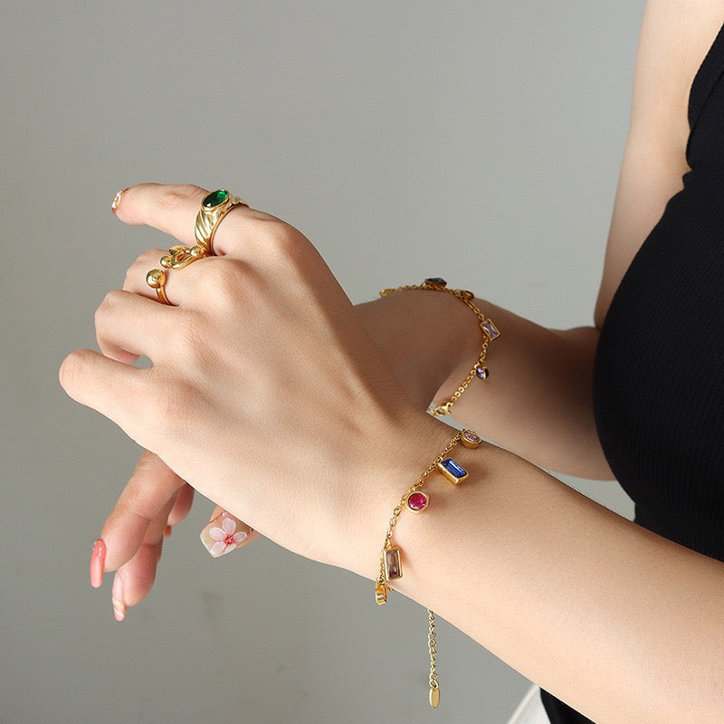 The Chromatic Fringe Set - Multi-Color Zircon Necklace & Titanium Steel Bracelet