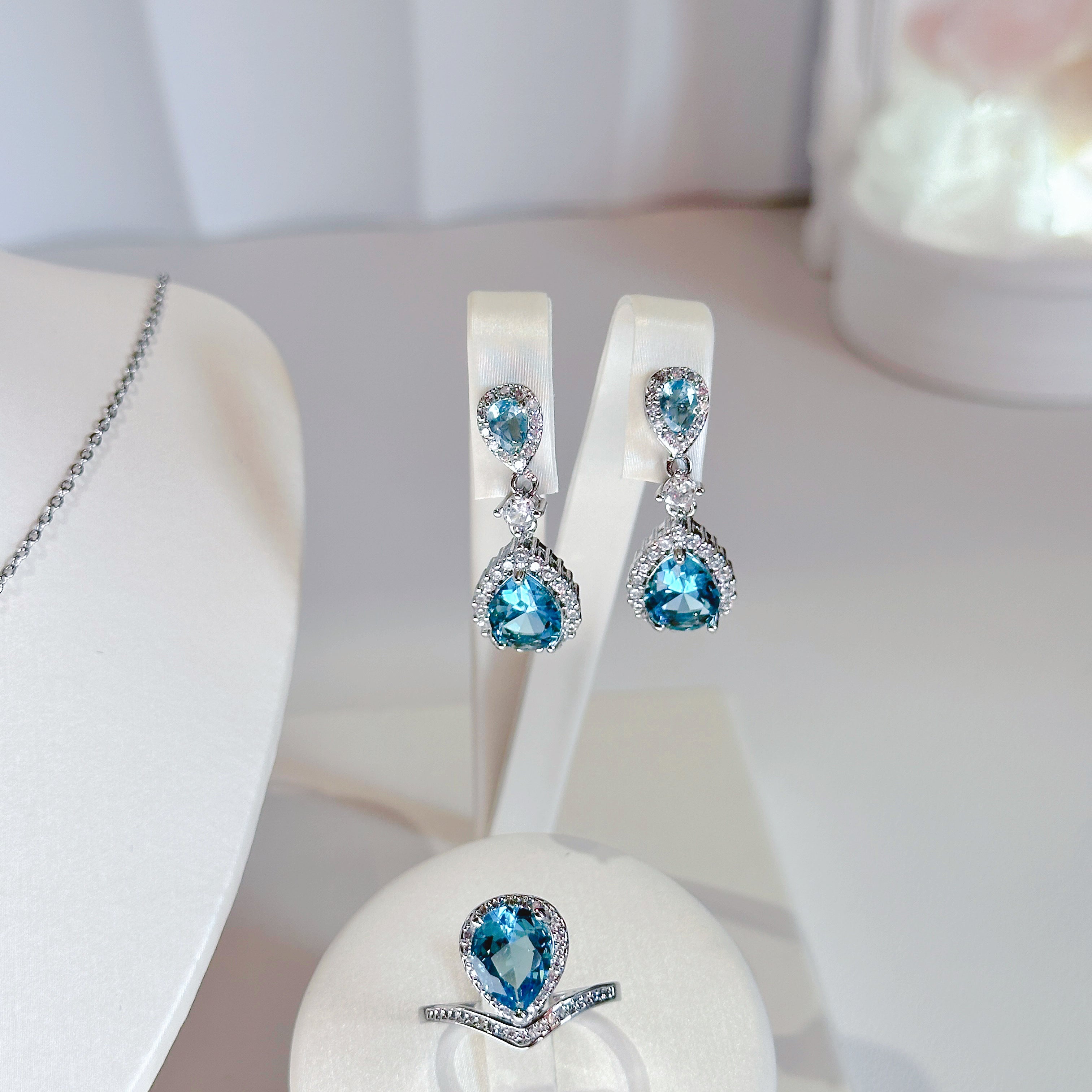 Blue Tear Drop Jewelry Set - Necklace, Earrings & Ring | Icy Blue Zircon Waterdrop Trio - Pale Luna Jewelry