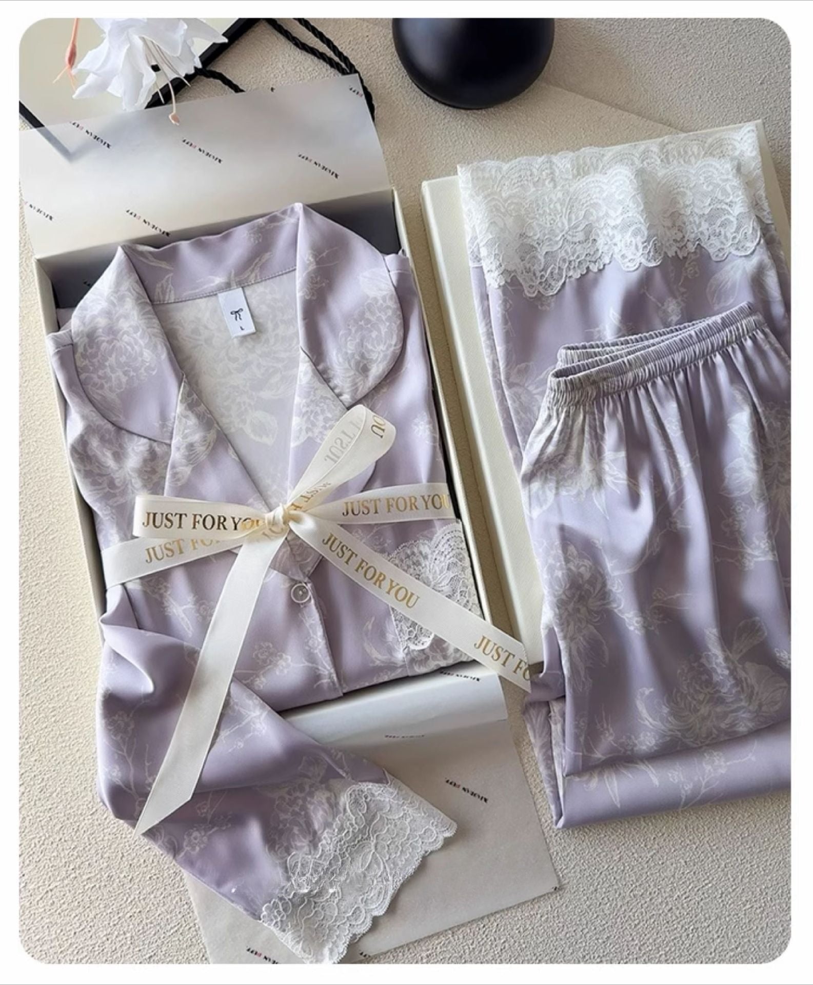 Lace Trim Ice-Silk Pajama Set – Long Sleeve Long Pants, Light Luxury Style