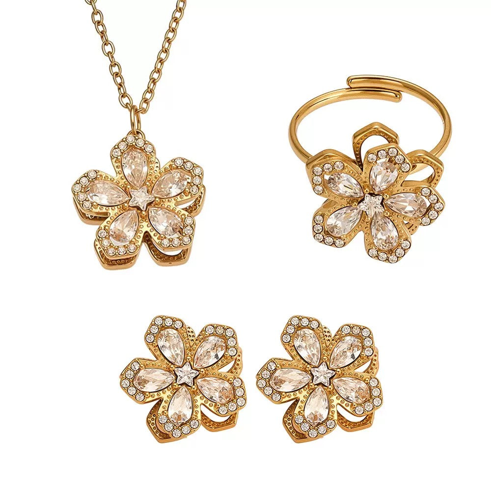 The Rotating Bloom Trio - Kinetic Five-Petal Flower Set in Stainless Steel & Zircon