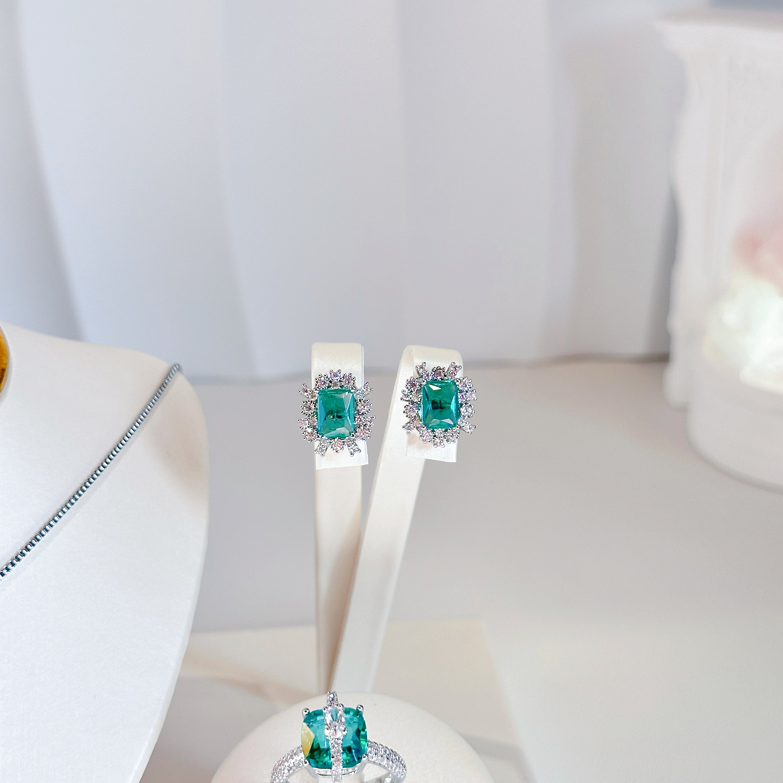 Geometric Ice & Crystal Jewelry Set - Titanium Steel Necklace, Earrings & Cubic Zircon Ring | Modern Blue Collection - Pale Luna Jewelry