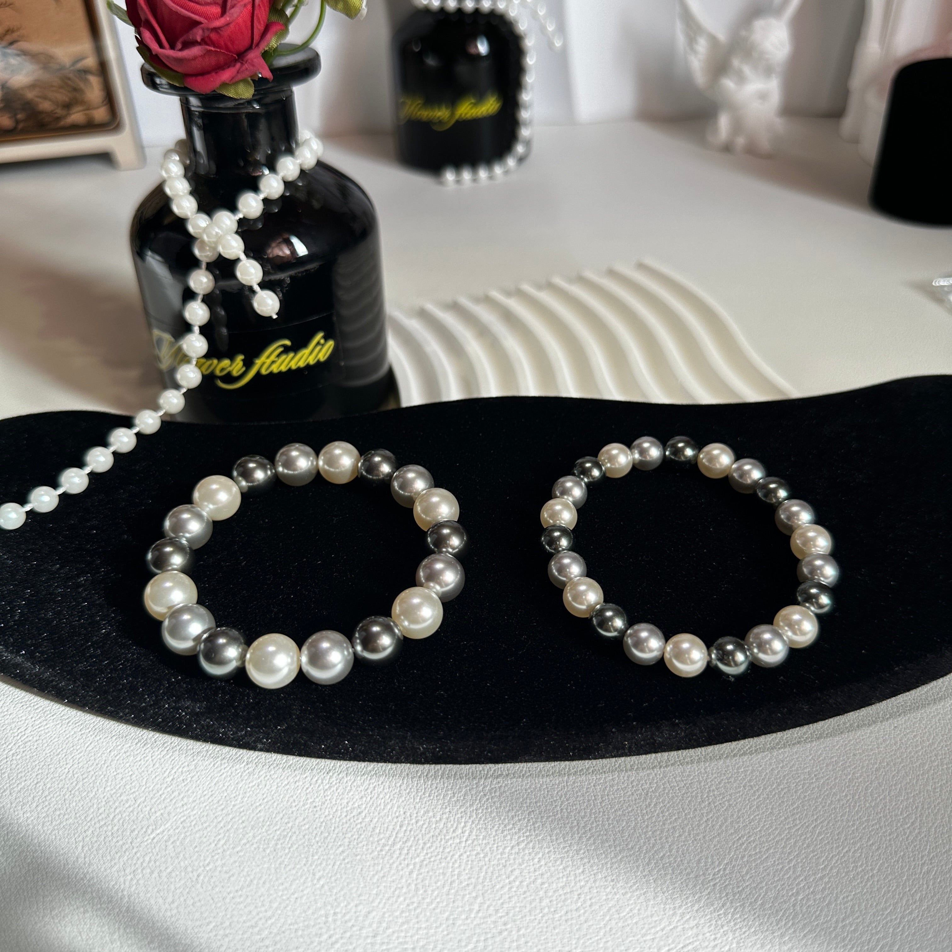 Black White Gray Pearl Bracelet - Mixed Size 8mm & 10mm Cultured Pearls on Elastic Cord | One-Size Fits Most - Pale Luna Jewelry