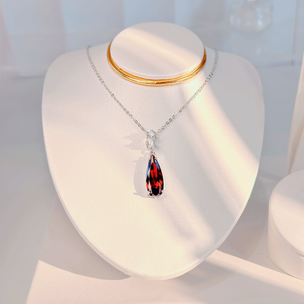 Red Teardrop Necklace - Minimalist Waterdrop Pendant with Sparkling Ruby Stones | Dainty Everyday Jewelry