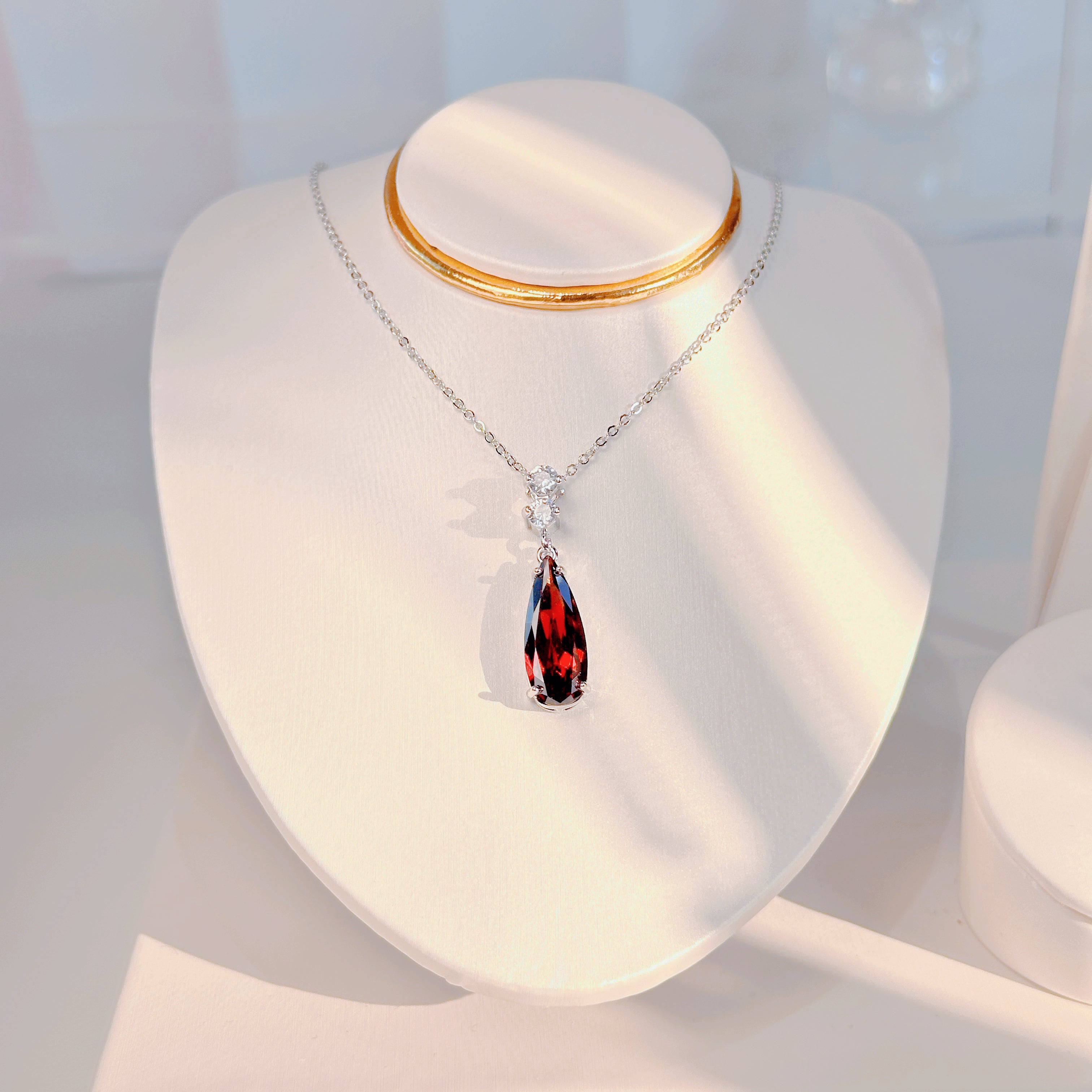 Red Teardrop Necklace - Minimalist Waterdrop Pendant with Sparkling Ruby Stones | Dainty Everyday Jewelry