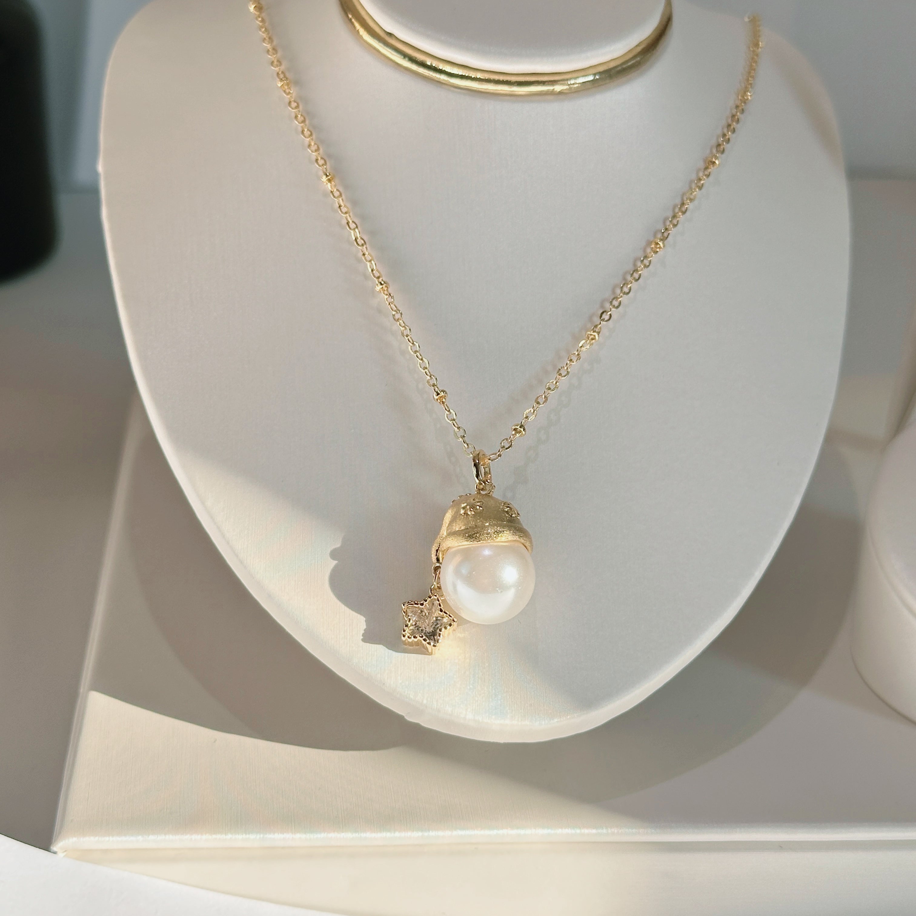 French Vintage Pearl Necklace - Brushed Gold Star & Christmas Hat Charm, Delicate Collarbone Chain - Pale Luna Jewelry