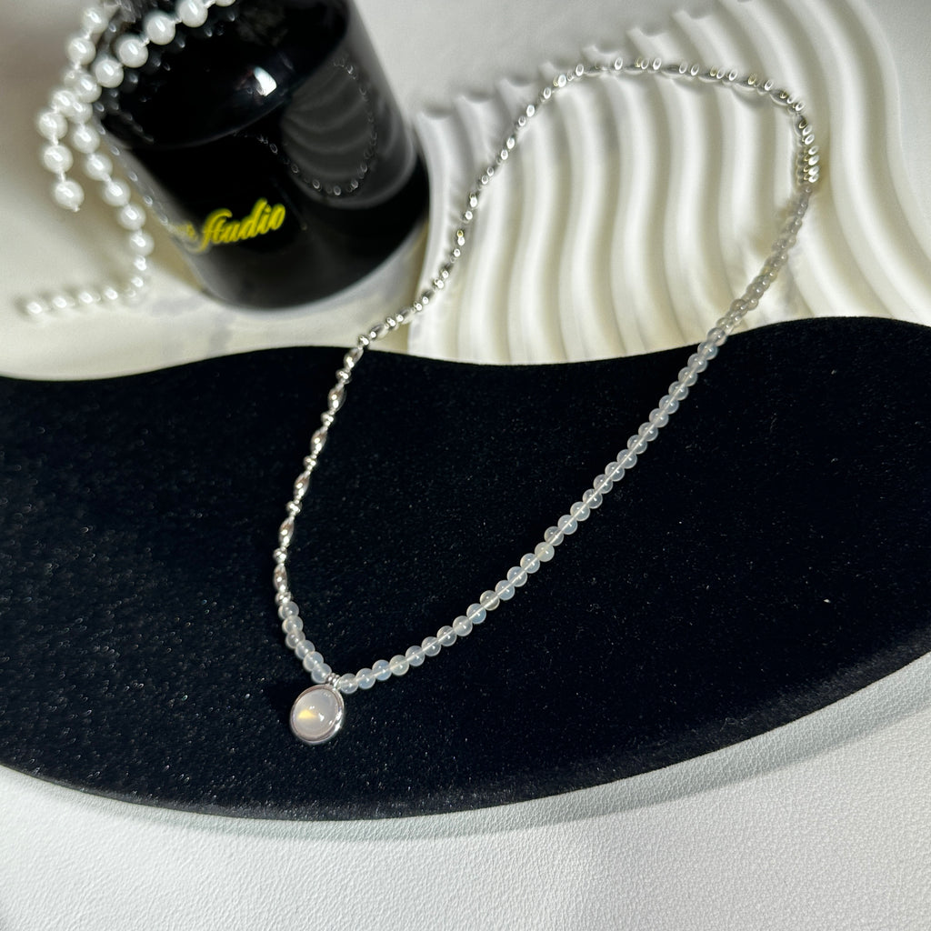 Layered Gray Agate Bead Necklace - 44cm S925 Sterling Silver Chain with Rotating Closure | Minimalist Stacking Jewelry - Pale Luna Jewelry