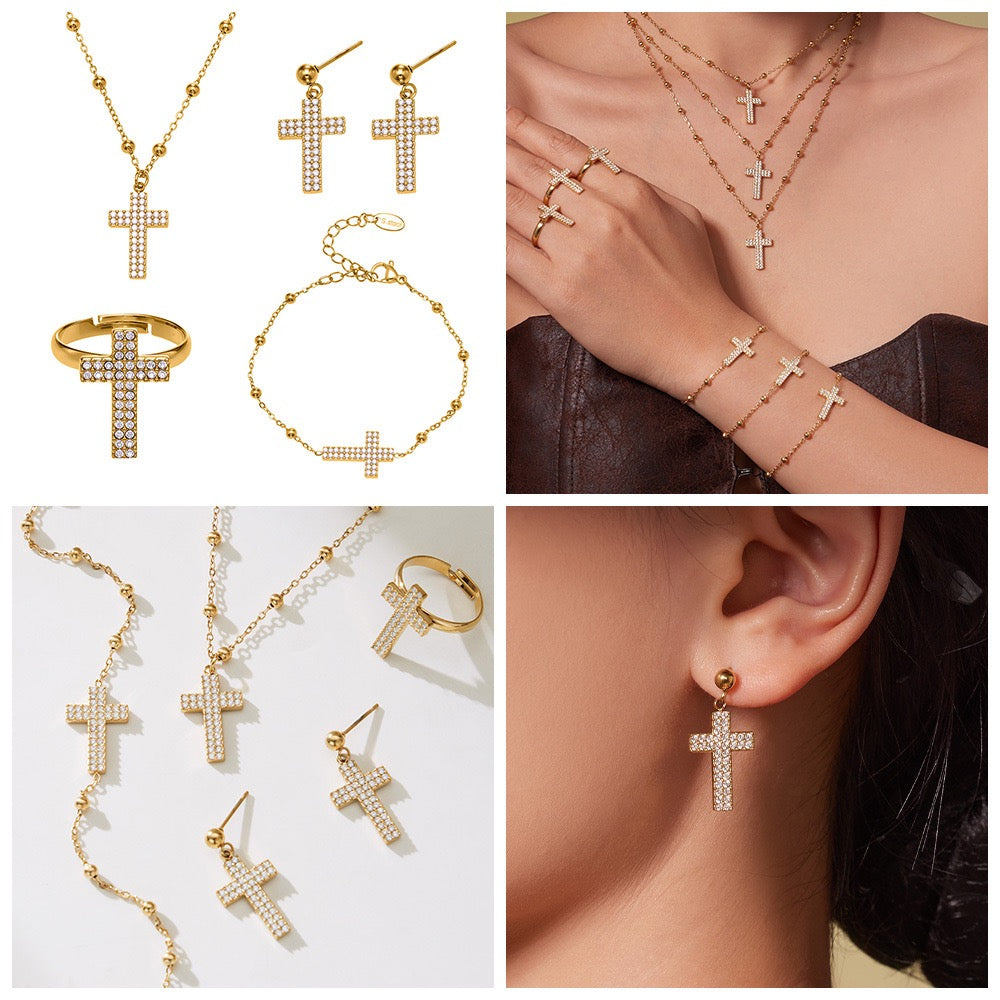 The Gilded Cross Suite - 4-Piece Vintage Necklace, Bracelet, Earrings & Ring Set