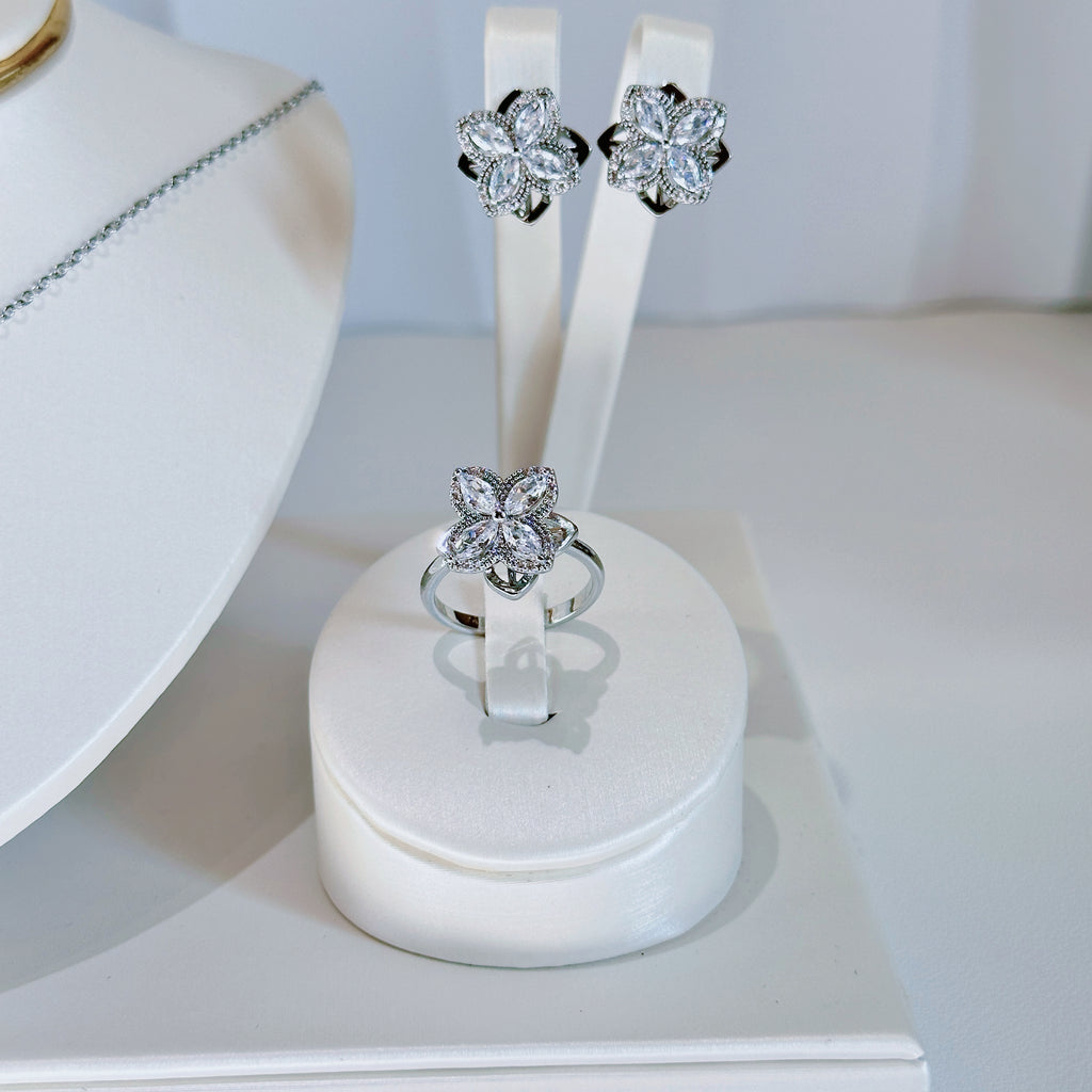 Rotating Four-Petal Flower Jewelry Set - Necklace, Earrings & Ring | “Good Luck Turn” Moving Charm - Pale Luna Jewelry