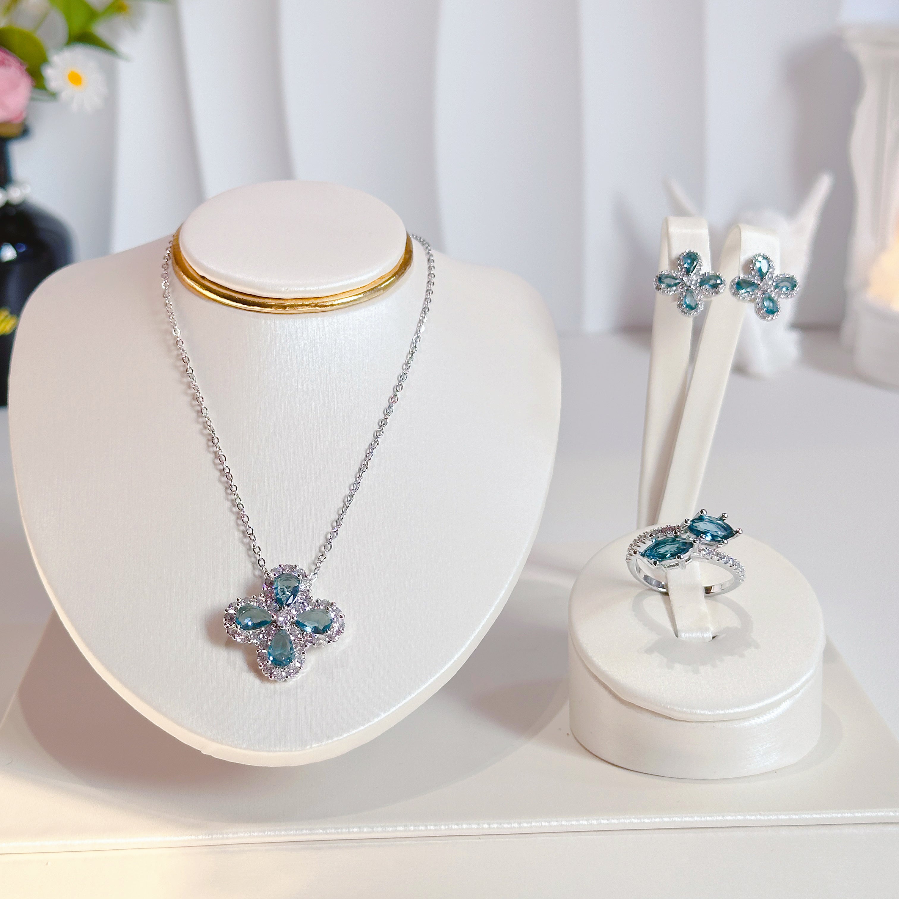 The Azure Floral Trio | Sapphire Zirconia Flower Necklace, Earrings & Ring Set