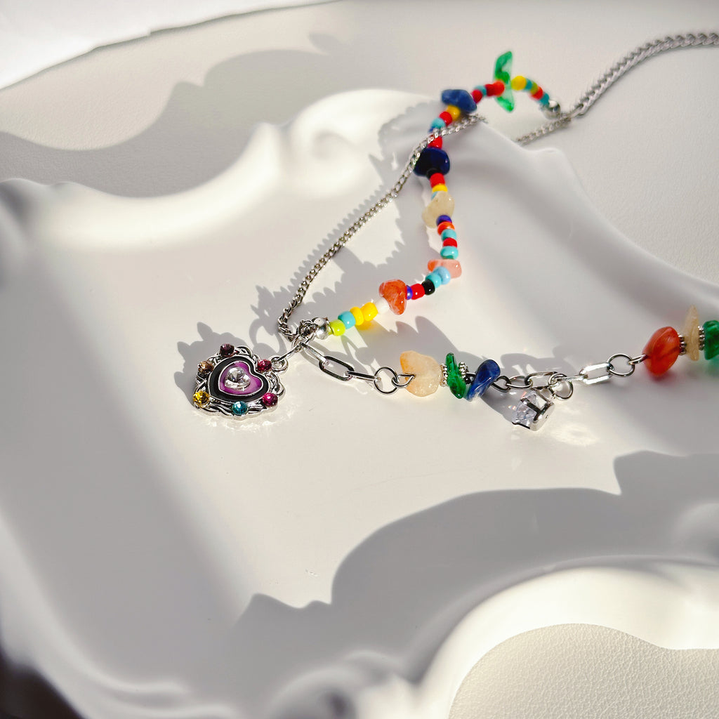 The Rainbow Heart Pendant | Multi-Gemstone Heart Necklace in Titanium Steel