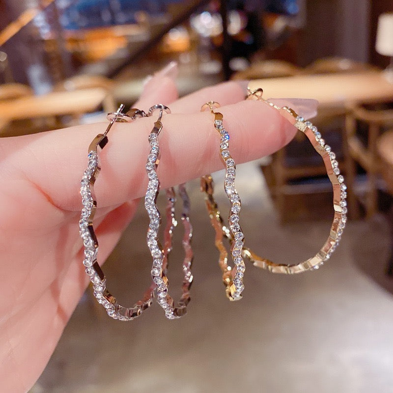 Statement Wave Earrings - Modern Minimalist Hoops with Sparkle - Hypoallergenic