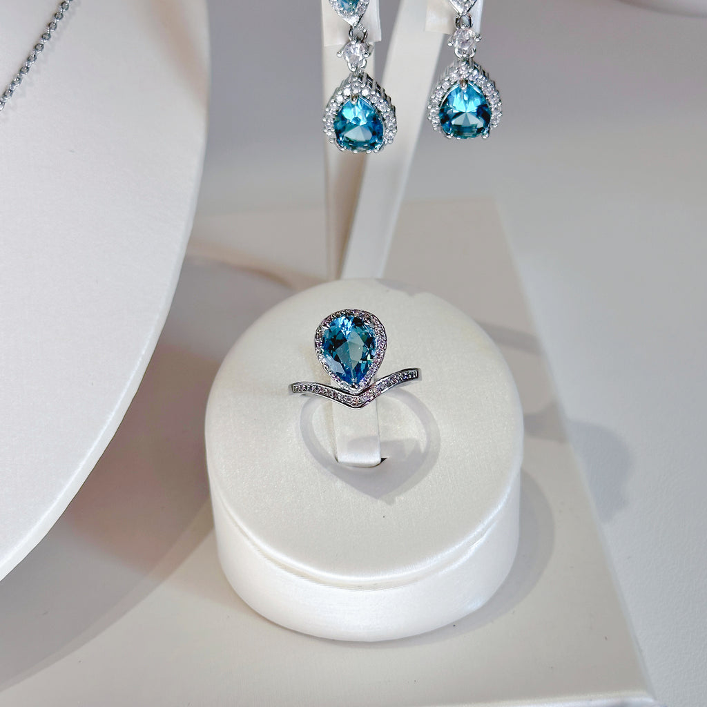 Blue Tear Drop Jewelry Set - Necklace, Earrings & Ring | Icy Blue Zircon Waterdrop Trio - Pale Luna Jewelry