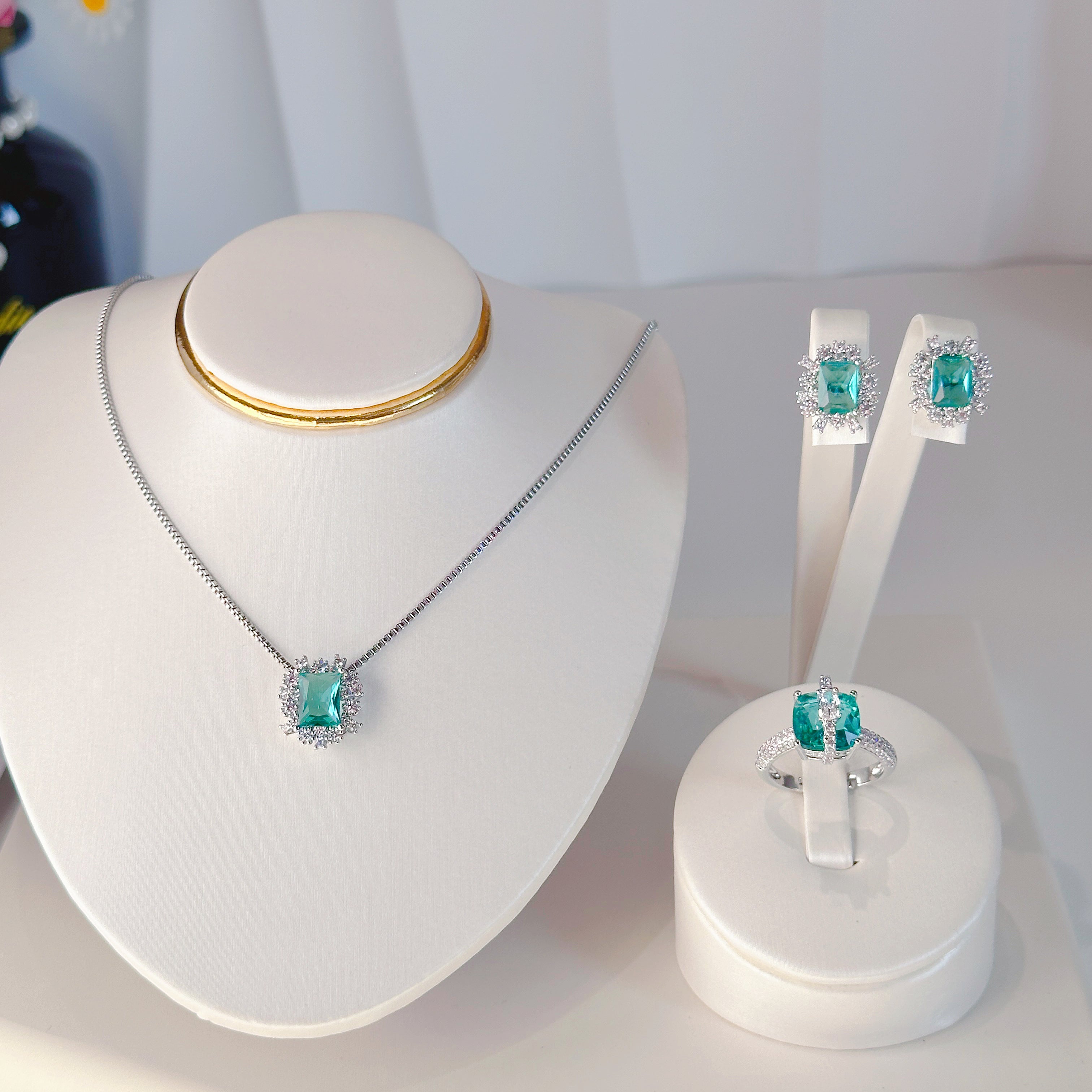 Geometric Ice & Crystal Jewelry Set - Titanium Steel Necklace, Earrings & Cubic Zircon Ring | Modern Blue Collection - Pale Luna Jewelry