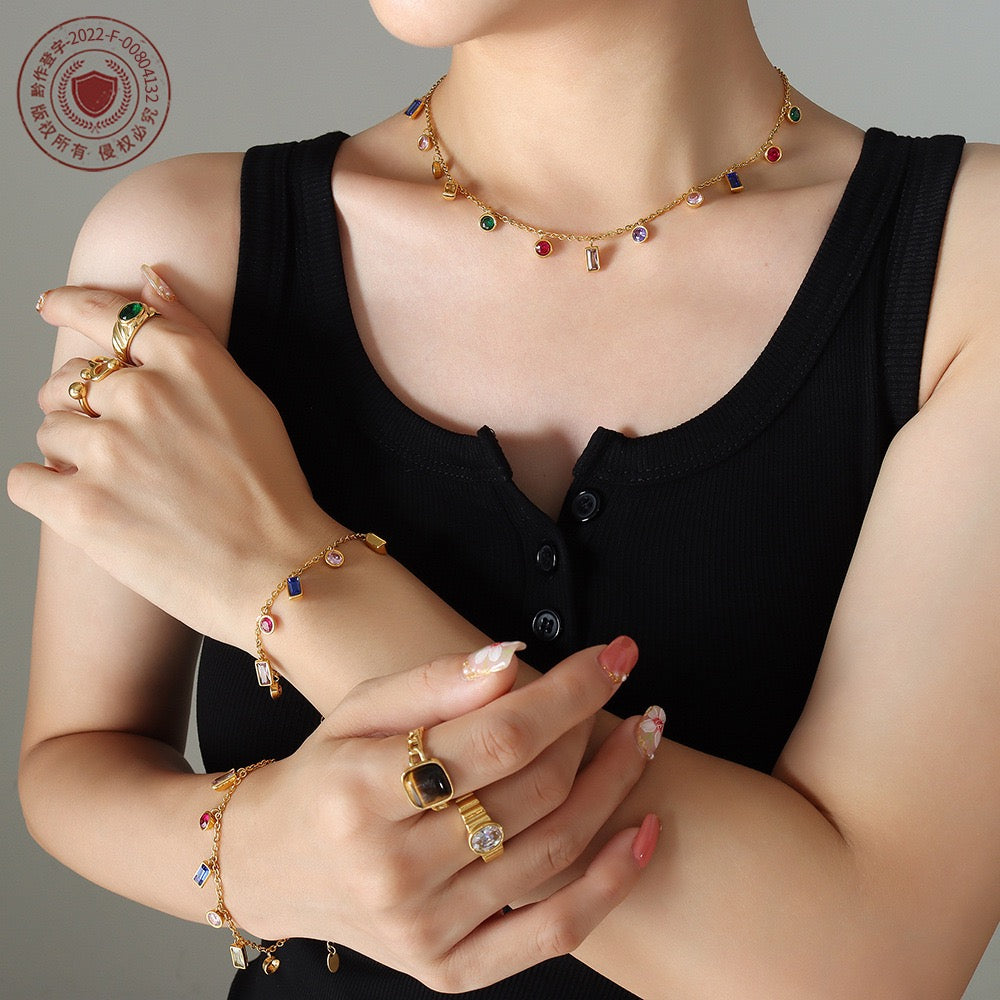 The Chromatic Fringe Set - Multi-Color Zircon Necklace & Titanium Steel Bracelet