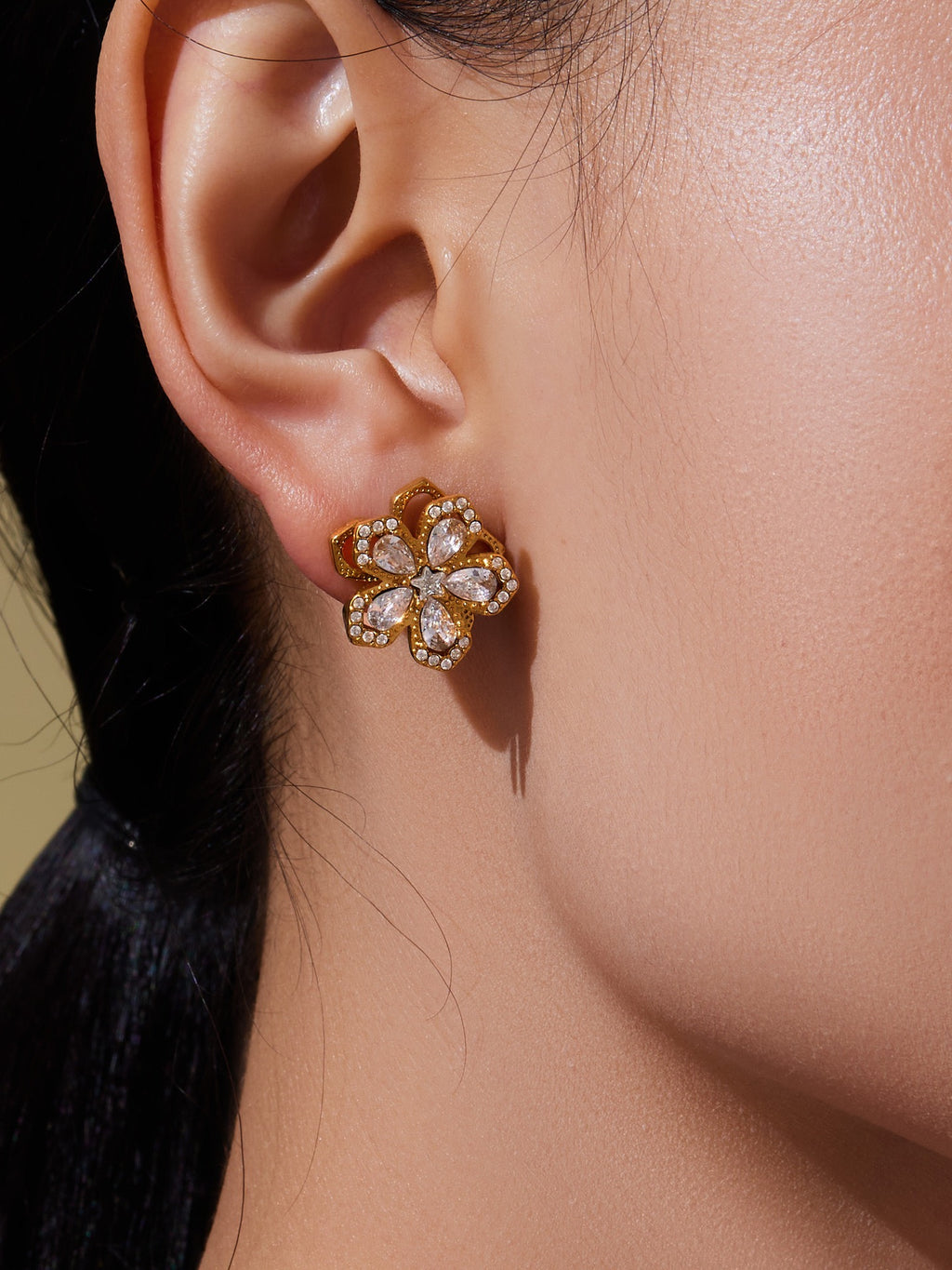 The Rotating Bloom Trio - Kinetic Five-Petal Flower Set in Stainless Steel & Zircon