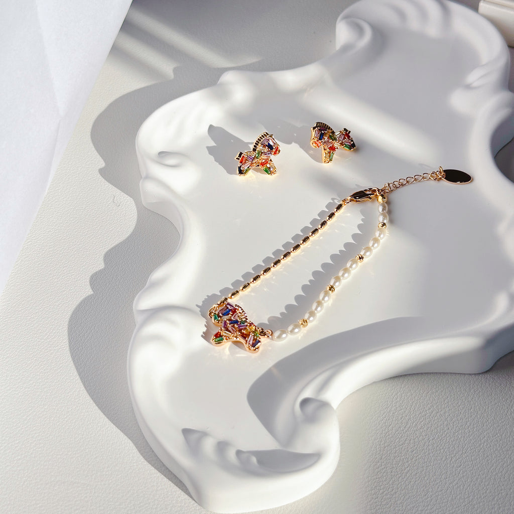 The Rainbow Pony Duo | Matching Charm Bracelet & Stud Earrings Set