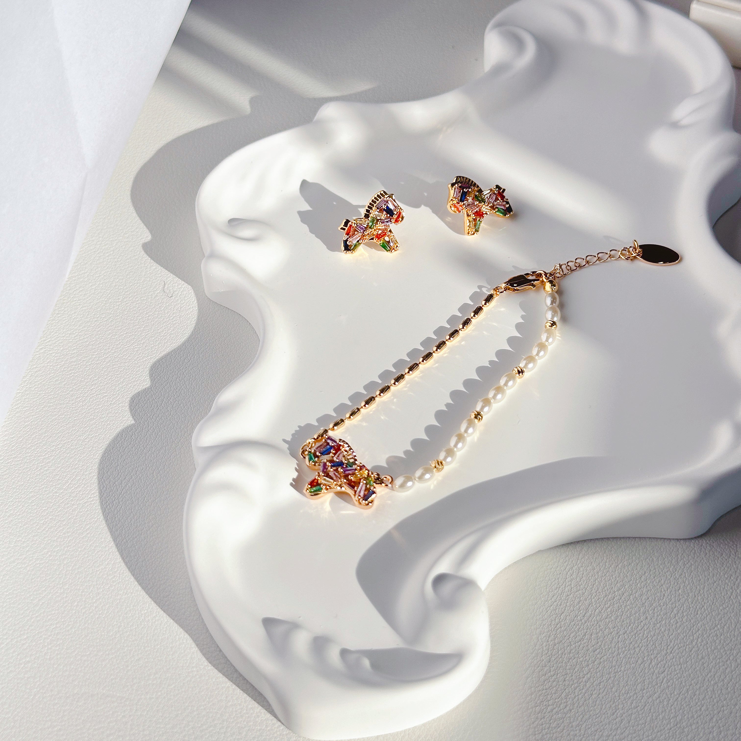 The Rainbow Pony Duo | Matching Charm Bracelet & Stud Earrings Set