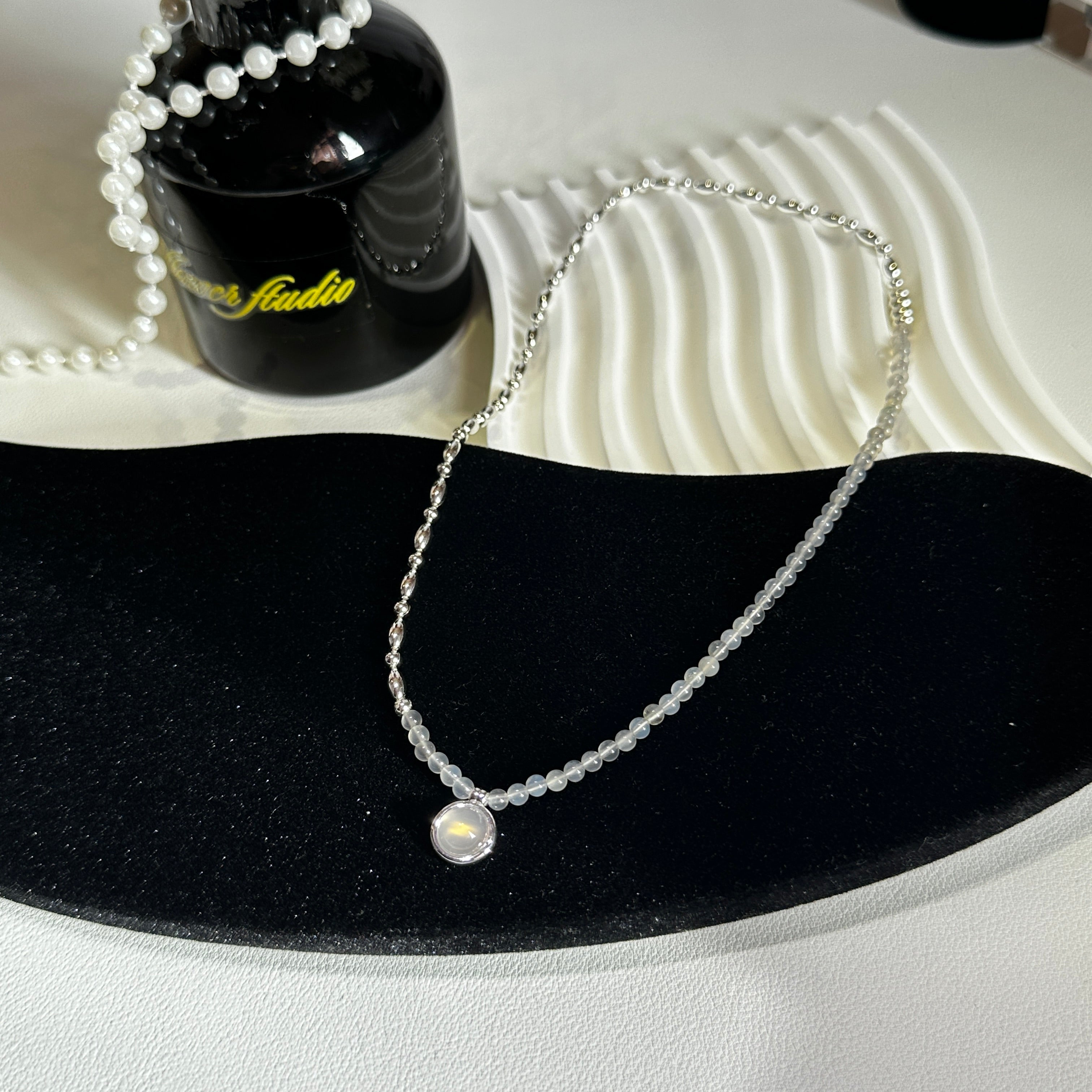 Layered Gray Agate Bead Necklace - 44cm S925 Sterling Silver Chain with Rotating Closure | Minimalist Stacking Jewelry - Pale Luna Jewelry